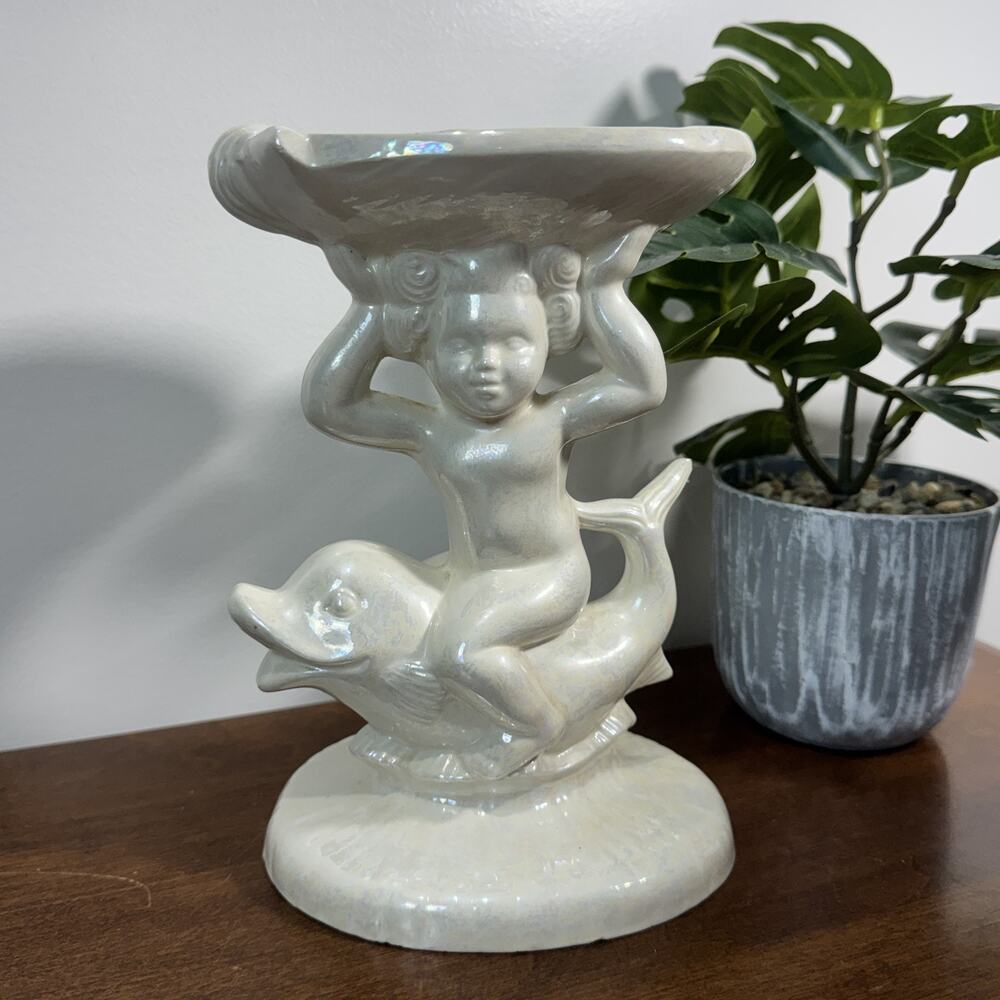 Vintage Holland Mold Cherub Riding Dolphin Figurine Iridescent Pearl Finish